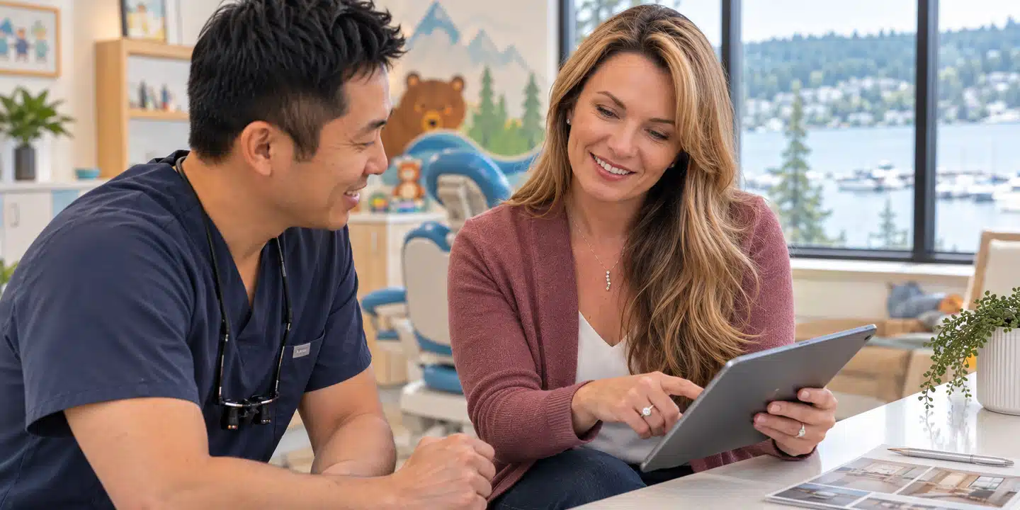 Brand strategist meeting with a pediatric dentist at a bright, welcoming dental office in Coeur d'Alene, Idaho