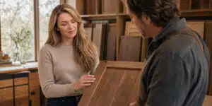 Brand strategist examining custom cabinetry craftsmanship with a woodworker in a high-end woodworking studio in Central Oregon